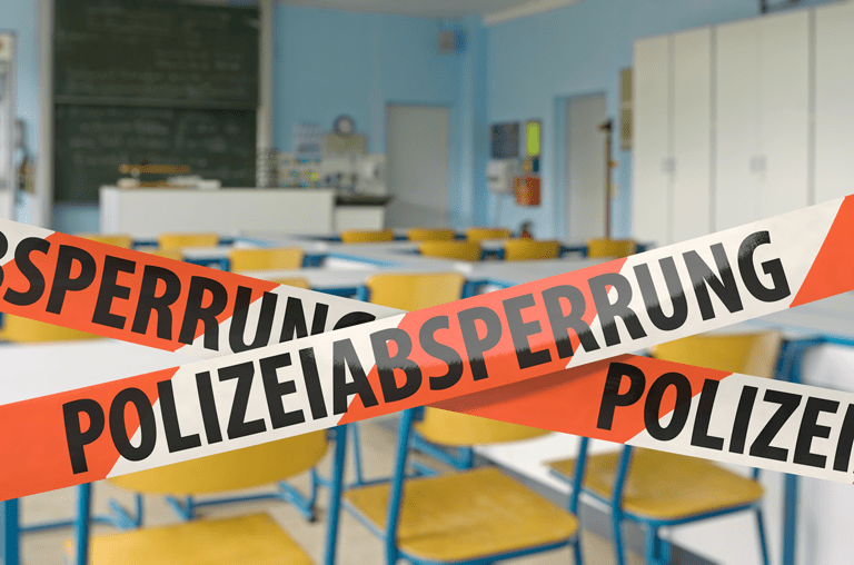 Imagebild einer Polizeiabsperrung in einem Klassenzimmer