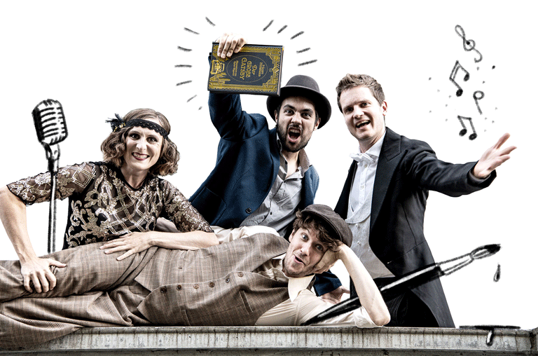 Das Ensemble der musikalischen Lesung "der große Gatsby" mit Live-Zeichnung.